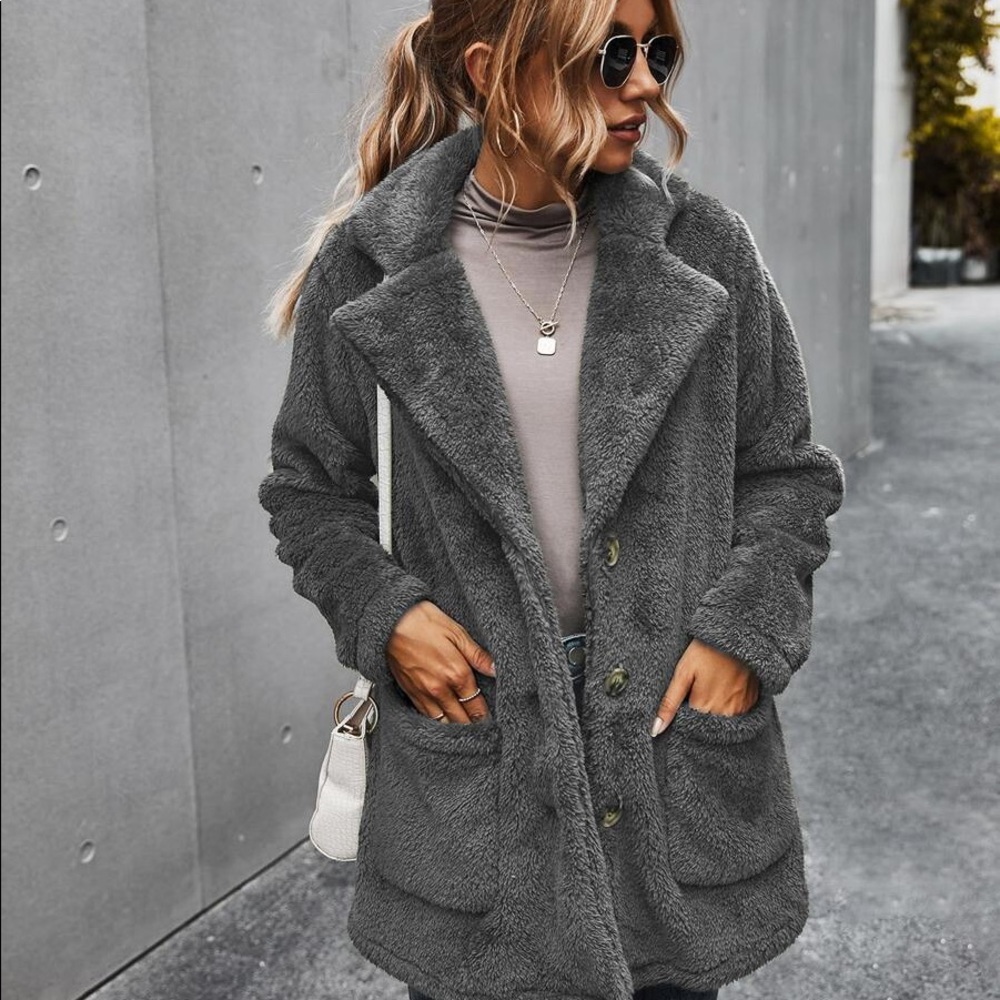 Charcoal Grey comfy button pocket teddy jacket pea coat - Picture 10 of 11
